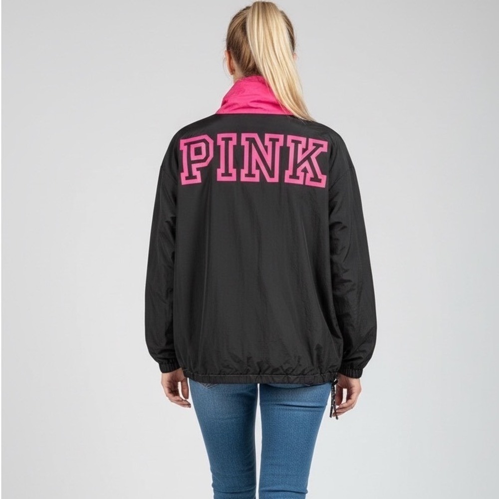 Victoria's Secret Pink Fleece Cowl Neck Anorak Jacket Black Pink XS/S